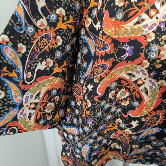 Belle & Sky Bird Paisley Blouse Womens Size Large Black Knotted Tie Front - Picture 3 of 14